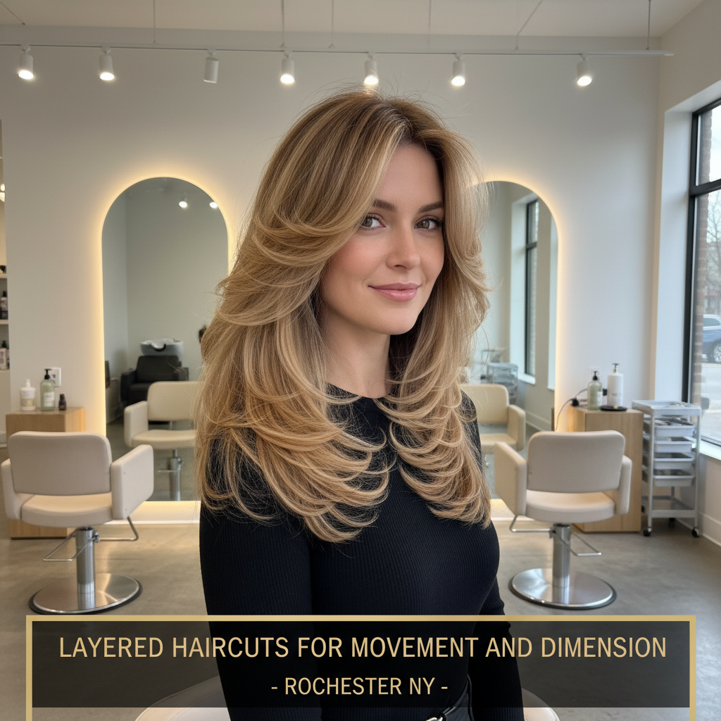 woman with long layered haircut for movement and dimension by Michelle Doyle in Rochester NY