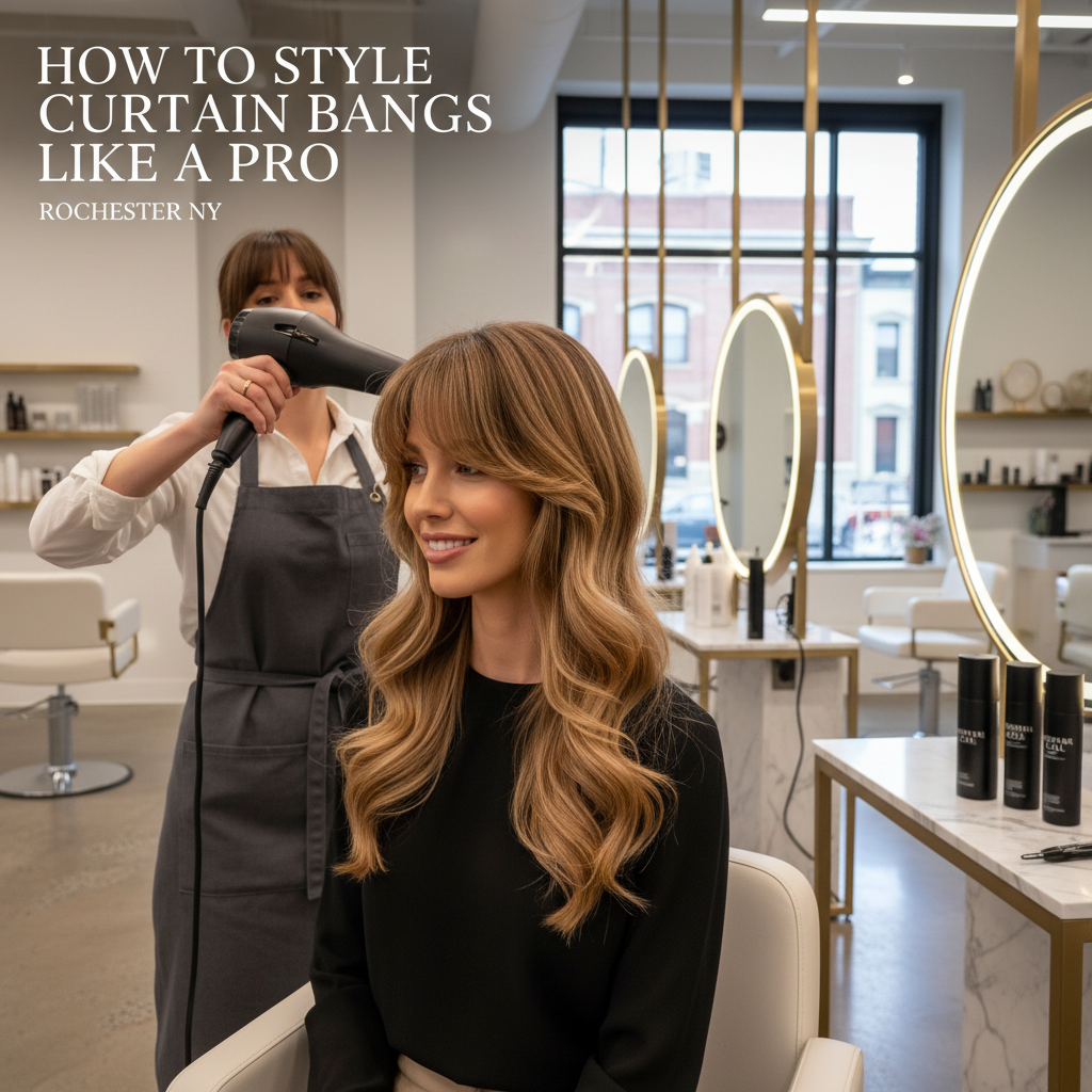 professional styling of curtain bangs for a client in Rochester NY by Michelle Doyle