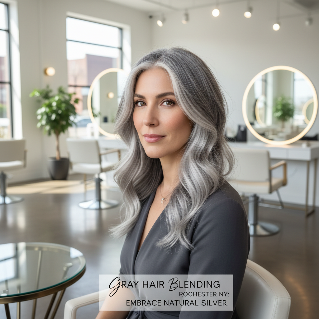 Gray hair blending Rochester NY transformations showing a seamless transition from dark roots to natural silver highlights by Michelle Doyle