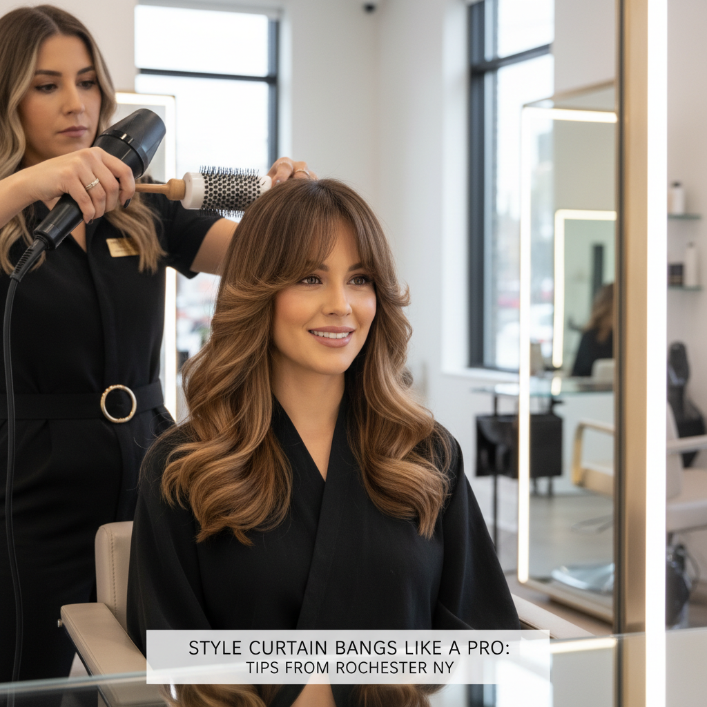 woman with perfectly styled curtain bangs and face-framing layers by Michelle Doyle in Rochester NY